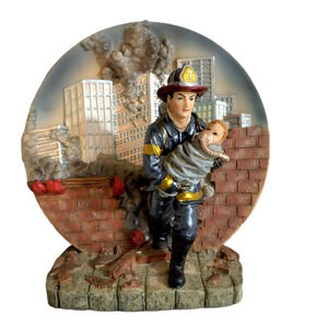 Vtg Fire Fighter Saving a Child Statue Figurine 3D Resin Decorative Plaque 8"